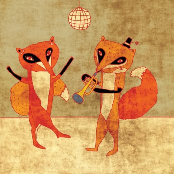 FOX PARTY - impresión de arte // linda ilustración de zorro // danza de trompeta naranja discoteca decoración del hogar