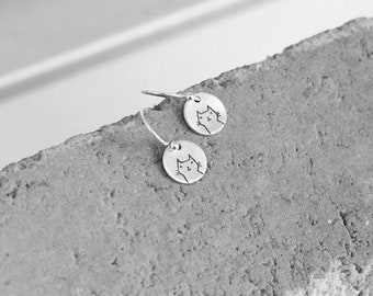 Cute, round CAT earrings // silver hook earrings // hand stamped jewelry