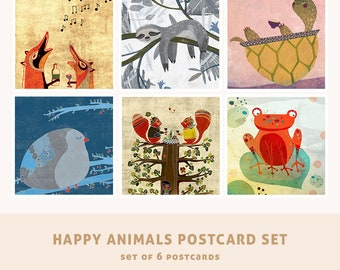 Happy animals POSTCARD set // set of 6 cute greeting cards // animal illustration