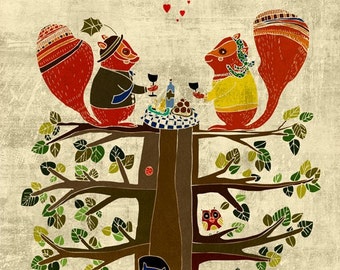 SQUIRREL PICNIC art print - cute woodland illustration // brown wall decor