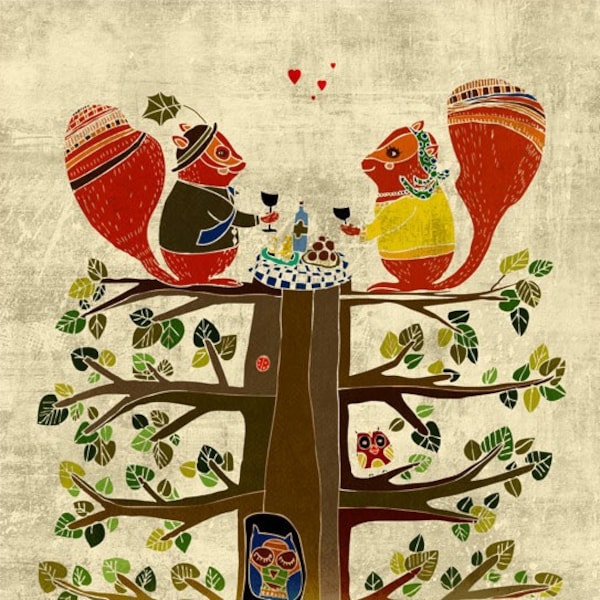 Squirrel PICNIC art print - linda ilustración de bosque // decoración de pared marrón