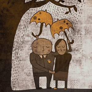 ALWAYS TOGETHER art print // brown and yellow couple illustration // love rain tree image 1