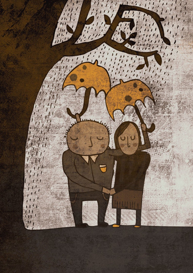 ALWAYS TOGETHER art print // brown and yellow couple illustration // love rain tree image 1