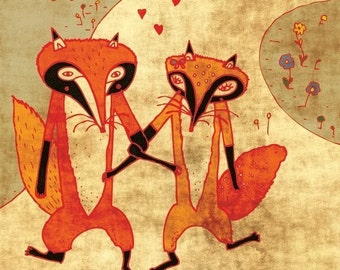 FOXES IN LOVE - art print // cute fox illustration // orange couple love woodland home decor