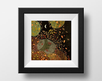 AUTUMN NIGHT - art print // digital illustration // bird owl leaves fall brown night