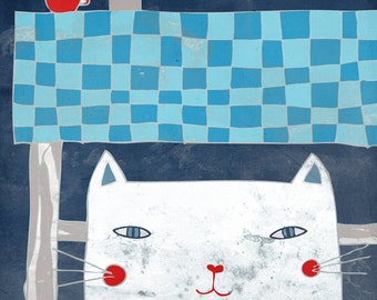 KITCHEN AT NIGHT art print // digital illustration // blue white cat home decor