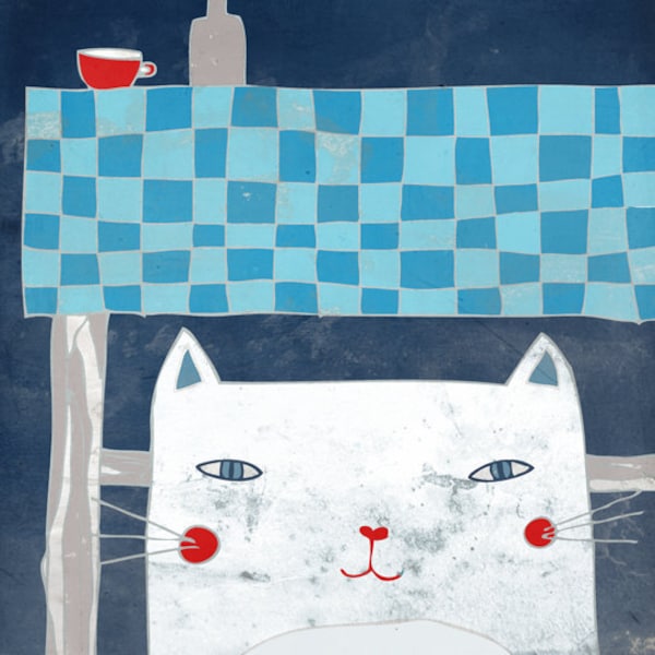 KITCHEN AT NIGHT art print // digital illustration // blue white cat home decor