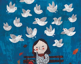 CATCH SIGHT of WONDERS art print // blue illustration // girl on a bench and birds