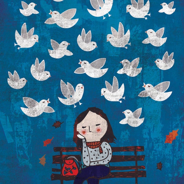 CATCH SIGHT of WONDERS art print // blue illustration // girl on a bench and birds