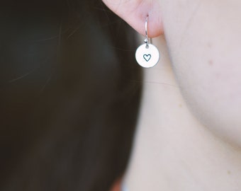 Cute, round HEART earrings // silver hook earrings // hand stamped jewelry