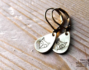 FOX earrings // teardrop raw brass hook earrings // hand stamped jewelry