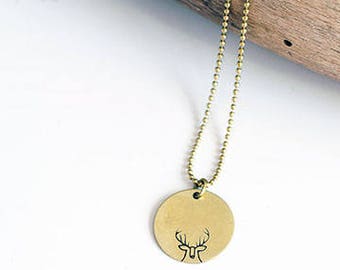 DEER necklace // raw brass long necklace // hand stamped jewelry