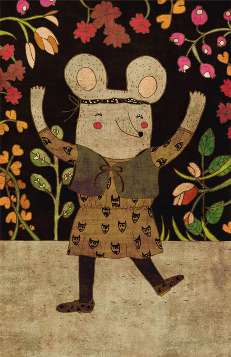 HELLO art print // mouse girl illustration // black brown pink // digital painting image 2