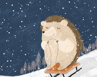 HEDGEHOG art print // winter sledding illustration // blue nursery decor