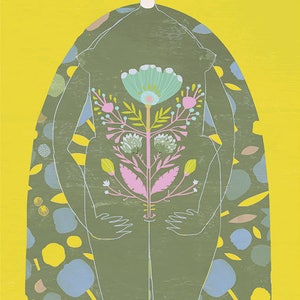 Impresión de arte de mujer / / amarillo ilustración de mujer verde / / femenino / / cuerpo / / flores