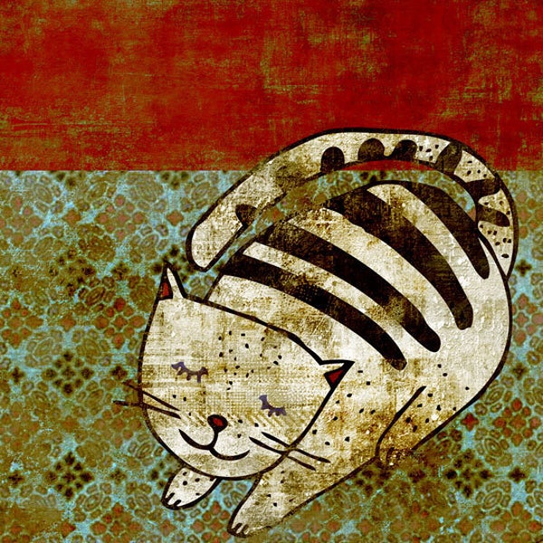 CAT art print // cute cat illustration // home decor // red green digital print