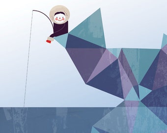 ESKIMO Kunstdruck // blau // niedliche Eskimo Kid Fishing // geometrische Illustration