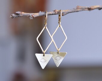 PLANET earrings // geometric raw brass hook earrings // hand stamped jewelry