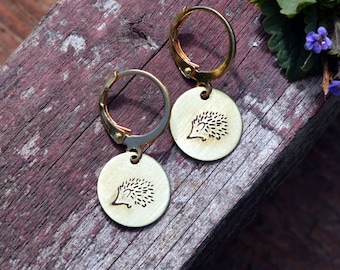 Cute, round HEDGEHOG earrings // raw brass hook earrings // hand stamped jewelry