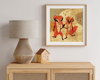 FOXES IN LOVE - art print // cute fox illustration // orange couple love woodland home decor