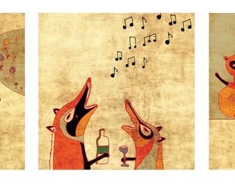 SALE the 3 FOX PRINTS // art print // cute fox illustration // orange black home decor