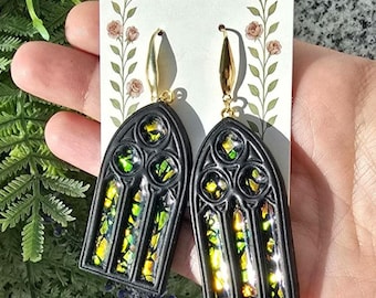 Gothic Cathedral Window Earrings – Stained Iridescent Glass, Handmade Polymer Clay Jewelry, Witchy Dangles