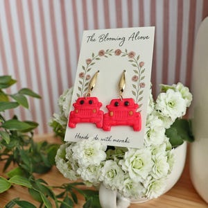 Clay Earrings Red Jeep Dangles | Handmade Car Lover Jewelry | Fun Off-Road Adventure Polymer Clay Earrings