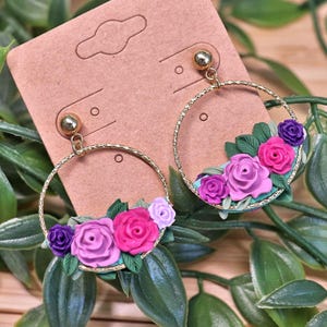 Floral Hoop Earrings: Handmade Polymer Clay Rose Garden Jewelry