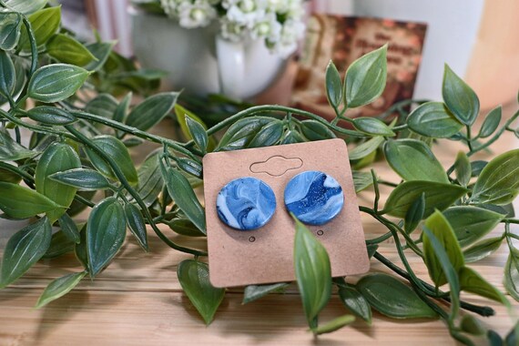 Blue Marble Clay Stud Earrings – Handcrafted Gold Plated Polymer