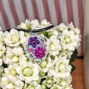 Victorian-Inspired polymer clay Floral Necklace – Purple & Pink Polymer Clay Flowers in Ornate Silver Frame – Handmade Jewelry Gift