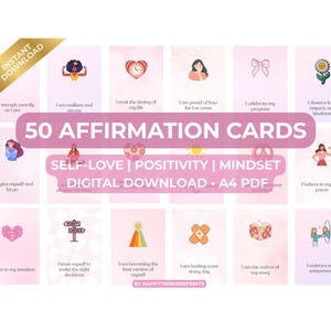 "50 Affirmationskarten für Selbstliebe, Mindset & Motivation - Positive Zitate | A4 Digitales PDF | Sofort Download für Journaling