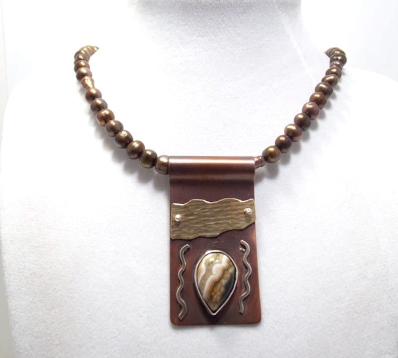 Metal Jewelry Mixed Metal Necklace Bezel Set Stone Pearl Etsy