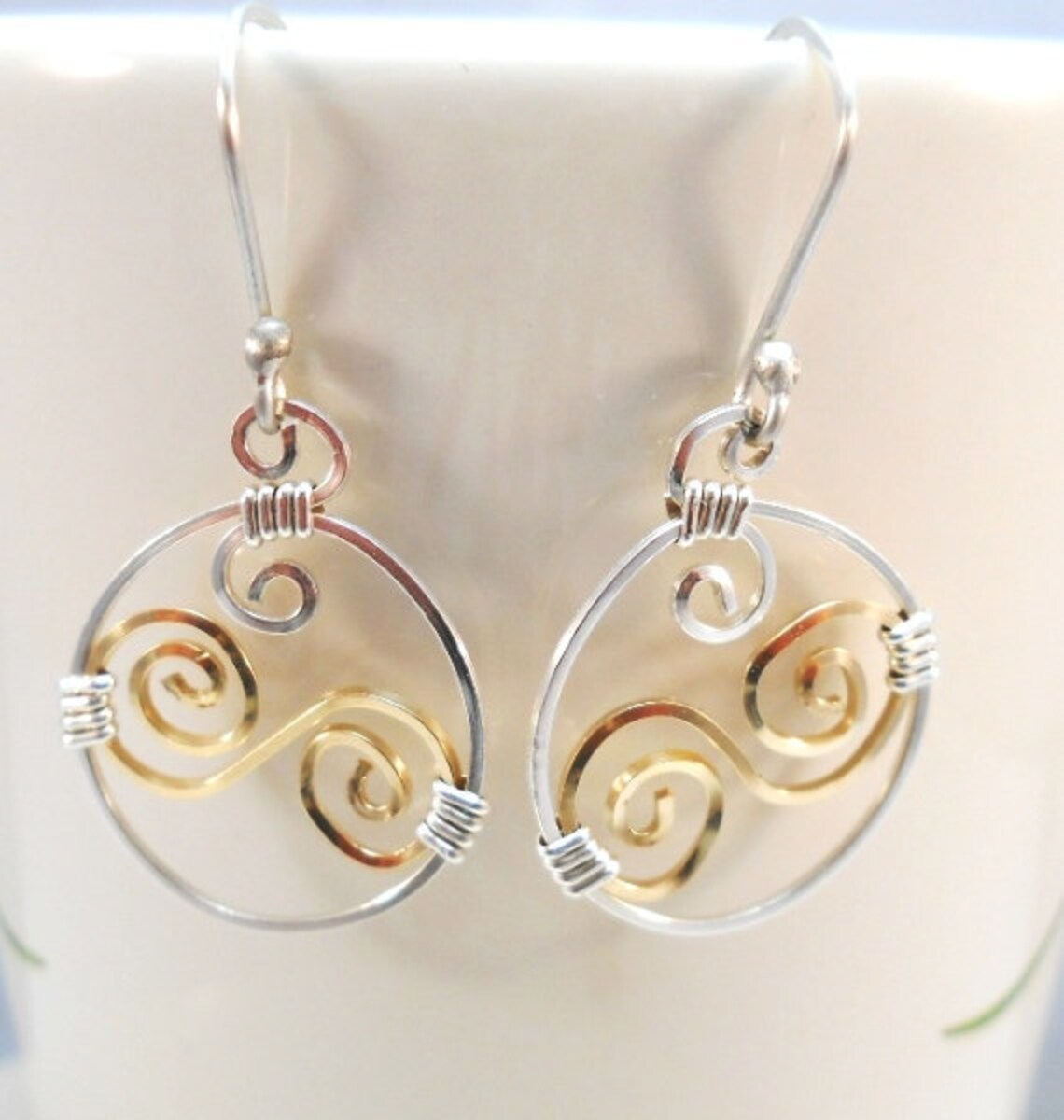 Wire Wrap Earrings Gold and Sterling Silver Jewelry Dangle Drop Circle