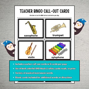 May include: Teacher Bingo Call-Out Cards featuring illustrations of a saxophone, trumpet, violin, and xylophone. The cards include colorful and black & white versions, with blank cards for customization. Text on the card reads: "TEACHER BINGO CALL-OUT CARDS".