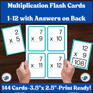 May include: Multiplication flash cards with 1-12 tables and answers on the back. The set includes 144 cards measuring 3.5 inches by 2.5 inches. Each white card features a teal border and black text displaying math equations like 7x9, 7x10, 7x11, 7x12, 2x5, and 12x9 with the answer 108.