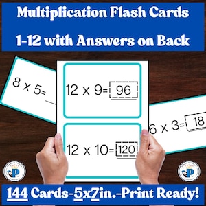May include: Multiplication flash cards with the text Multiplication Flash Cards 1-12 with Answers on Back. The cards feature math problems like 8x5, 12x9=96, 12x10=120, and 6x3=18. The set includes 144 cards measuring 5x7 inches, print ready.