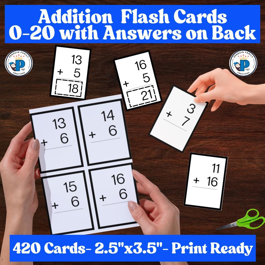 Addition Flash Cards: 0-20 Facts With Answers on Back - Etsy