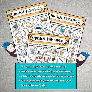 May include: Musical Fun Bingo game set with colorful and black & white 8.5" x 11" boards. The bingo cards feature various musical instruments. Includes a penguin graphic. Great for classroom or family fun.