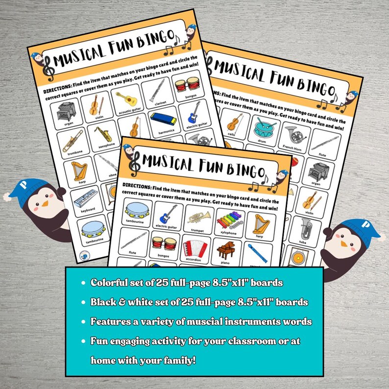 May include: Musical Fun Bingo game set with colorful and black & white 8.5" x 11" boards. The bingo cards feature various musical instruments. Includes a penguin graphic. Great for classroom or family fun.