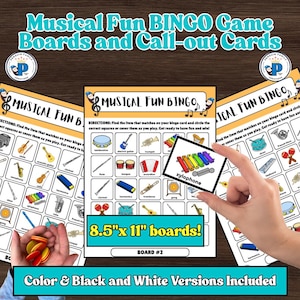 May include: Musical Fun BINGO game boards and call-out cards. The game includes color and black and white versions. The boards are 8.5" x 11" and feature musical instruments. A hand holds a xylophone card.