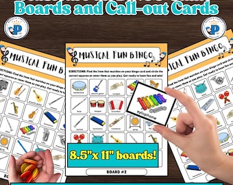 Musical Fun Bingo Game Boards and Call-out Cards: Colorful and Black & White Sets Included