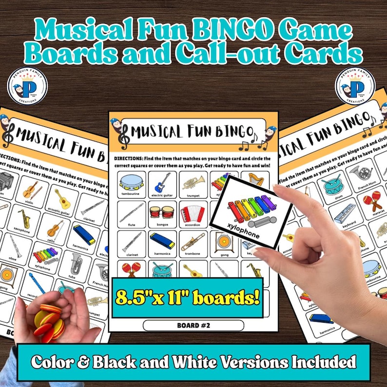 May include: Musical Fun BINGO game boards and call-out cards. The game includes color and black and white versions. The boards are 8.5" x 11" and feature musical instruments. A hand holds a xylophone card.