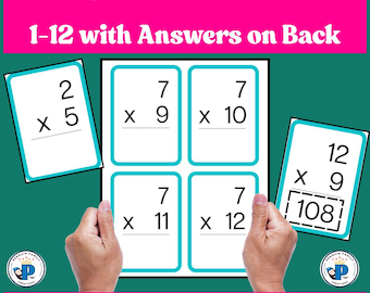 Multiplication 2.5"x3.5"inch Flash Cards: 1-12 Facts, Fact Fluency, Answers on Back, Printable