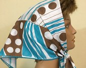 Vintage Vera Neumann Neck Head Scarf Turquoise, Brown and White Abstract Circle and Stripe Pattern 1960 39 s Square Scarf Headband Japan