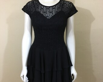 Vintage 1990's Black Party Dress // Lace Glitter Top Ruffled Skirt Dropped Waist //Ladies S