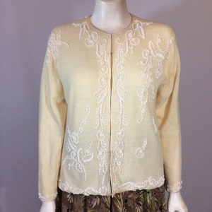 50&#39;s Sweater Beaded Cream Wool Cardigan //Sequins Beads Flower Design Silk Lining // Ladies Medium George Sweaters