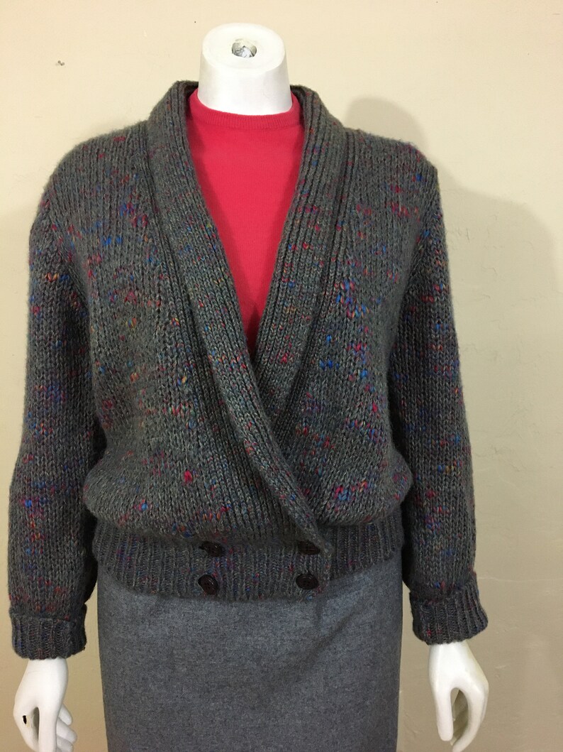 Blue and OrangeLadies Medium Vintage 1980/'s Sweater Jacket Menswear Slouchy Band Bottom Plunge Front Grey with Hot Pink