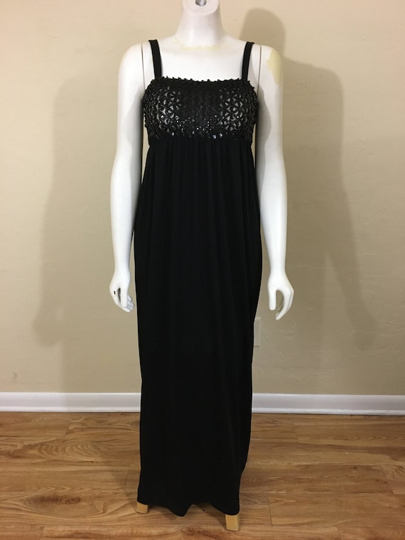 Vintage Maxi Dress 1970's Evening Gown Black Sequ… - image 1