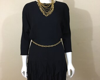 Vintage 1980's Black Rayon Dance Dress// Chic Vintage Ladies SM Petite //Fancy Ruffled Skirt Dolman Sleeves