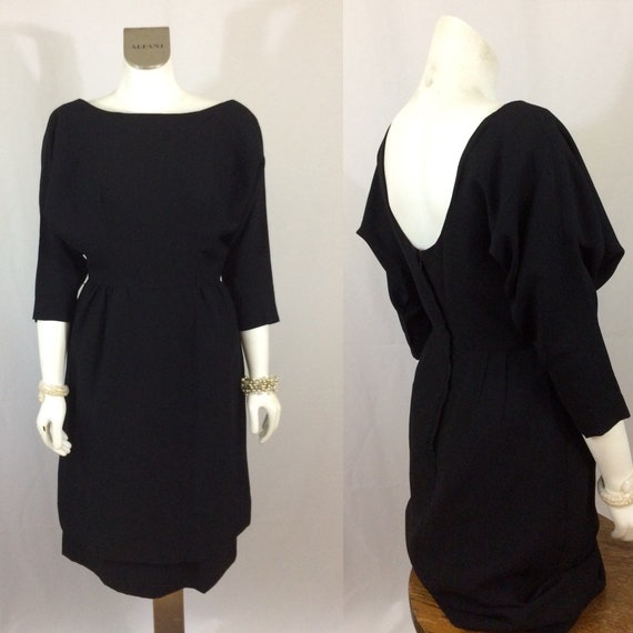 50's Cocktail Dress Black Low Cut Back Bat Wing D… - image 1